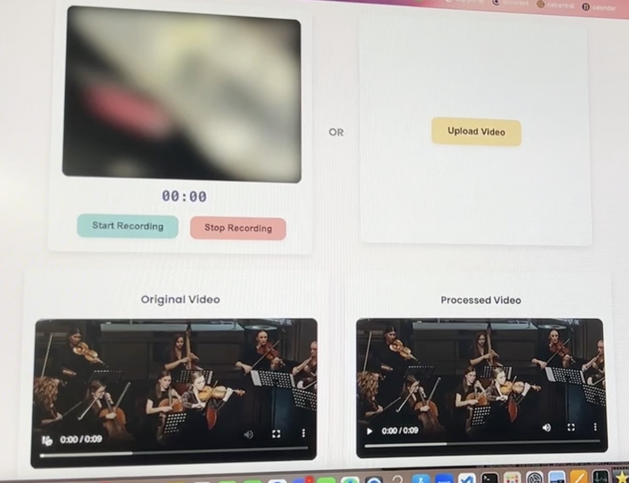 The AlgoRhythm web app: record or upload a video, with the original and scored versions side by side