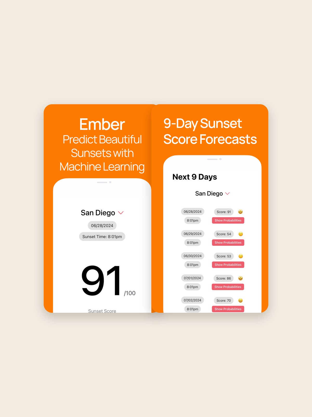 Two screens from the Ember app: a sunset score for San Diego, and a nine-day forecast