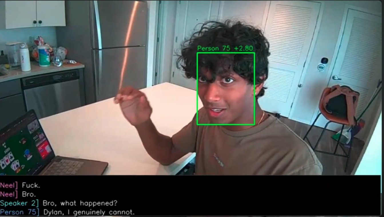 The glasses' point of view: a person framed by a detection box with a live transcript along the bottom